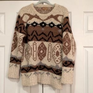 POL Aztec print popcorn sweater cream gray brown